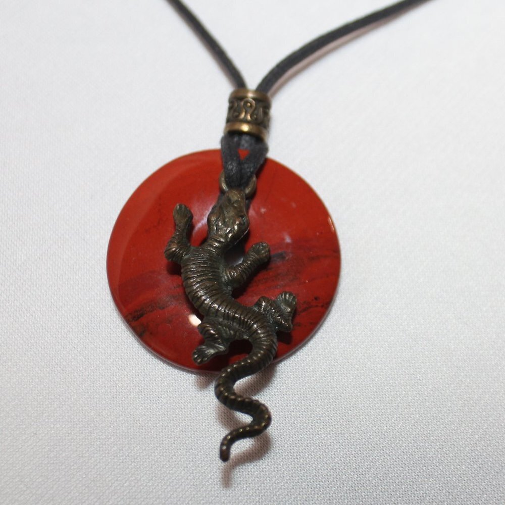 Unisex Red Jasper Gemstone Leather Cord Pendent 30" with Lizard